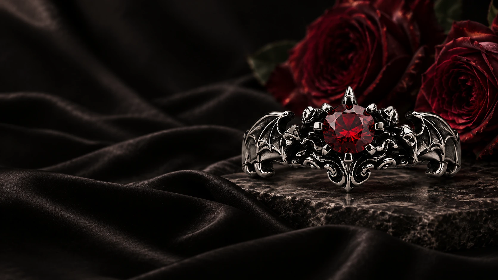 Garnet Bat Wing Ring resting on dark stone and black satin, framed by burgundy roses