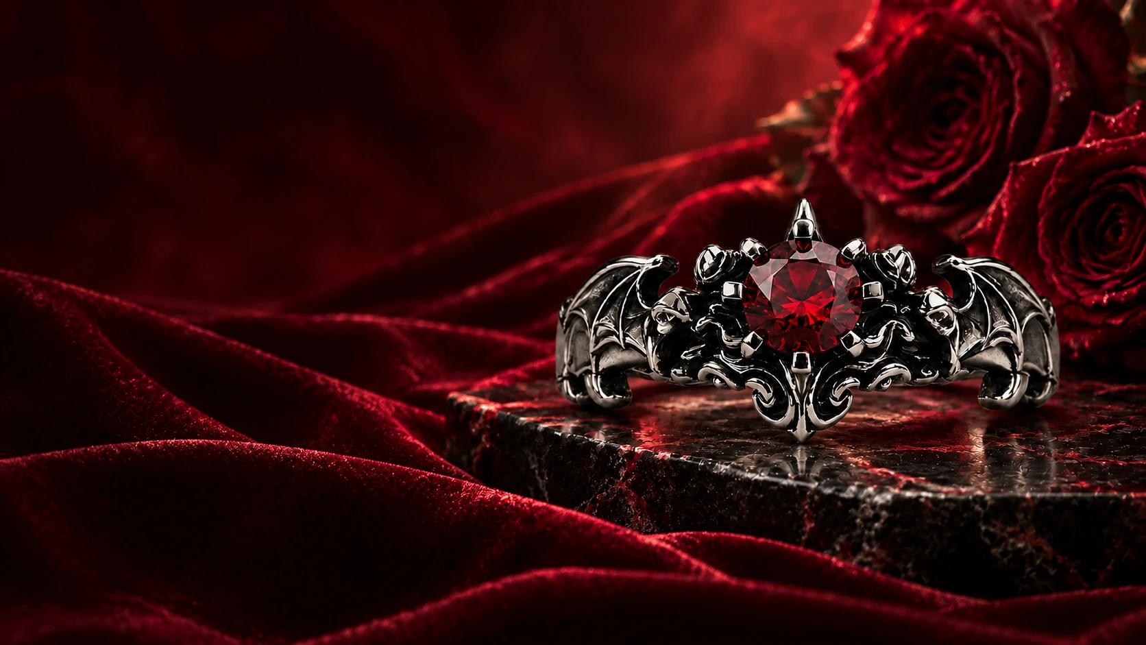Silver Garnet Bat Wing Ring amid deep crimson velvet and roses