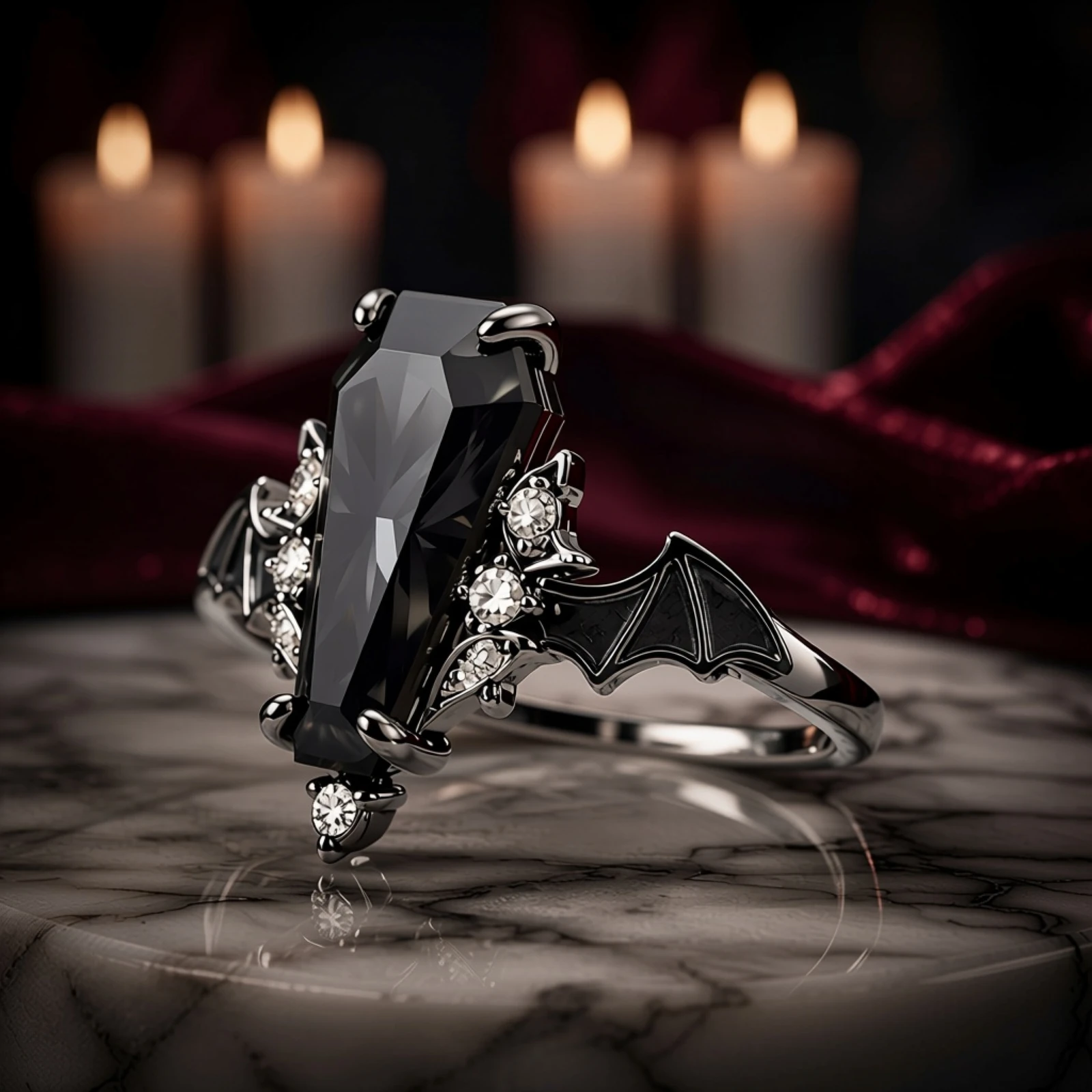 Coffin Onyx Bat Ring — angle view