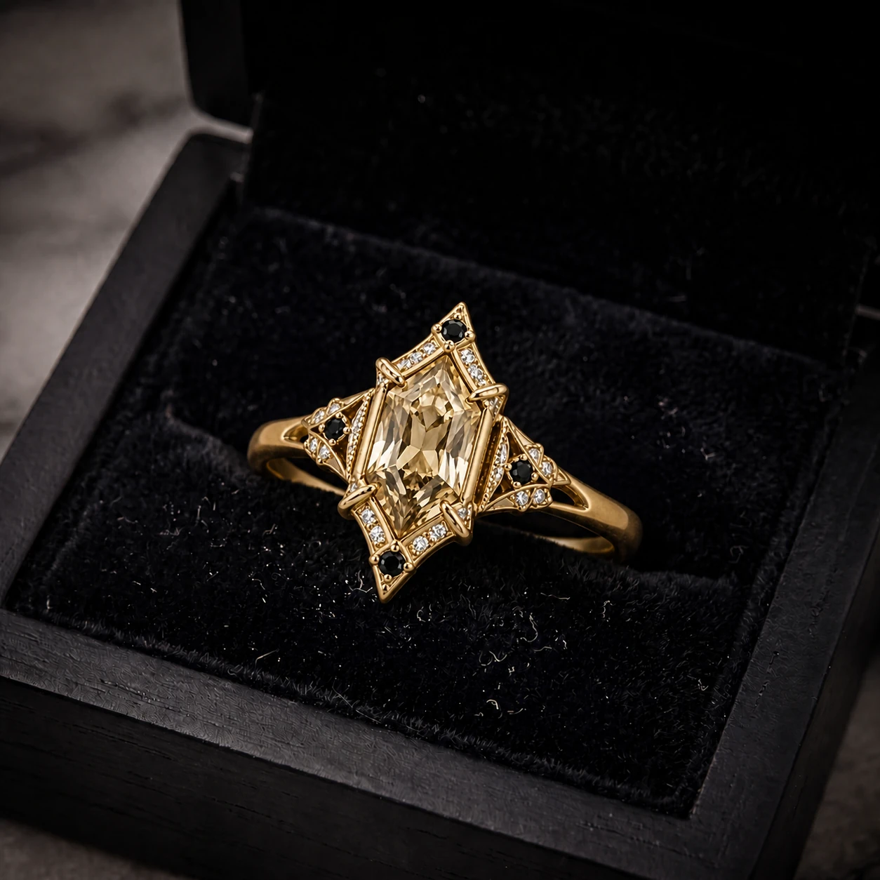 Golden Sapphire Ring resting in a black velvet ring box